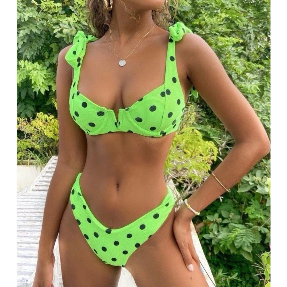 Beach Riot Vanessa Rib Bottom Lime Polka Dot Small NWT‎
